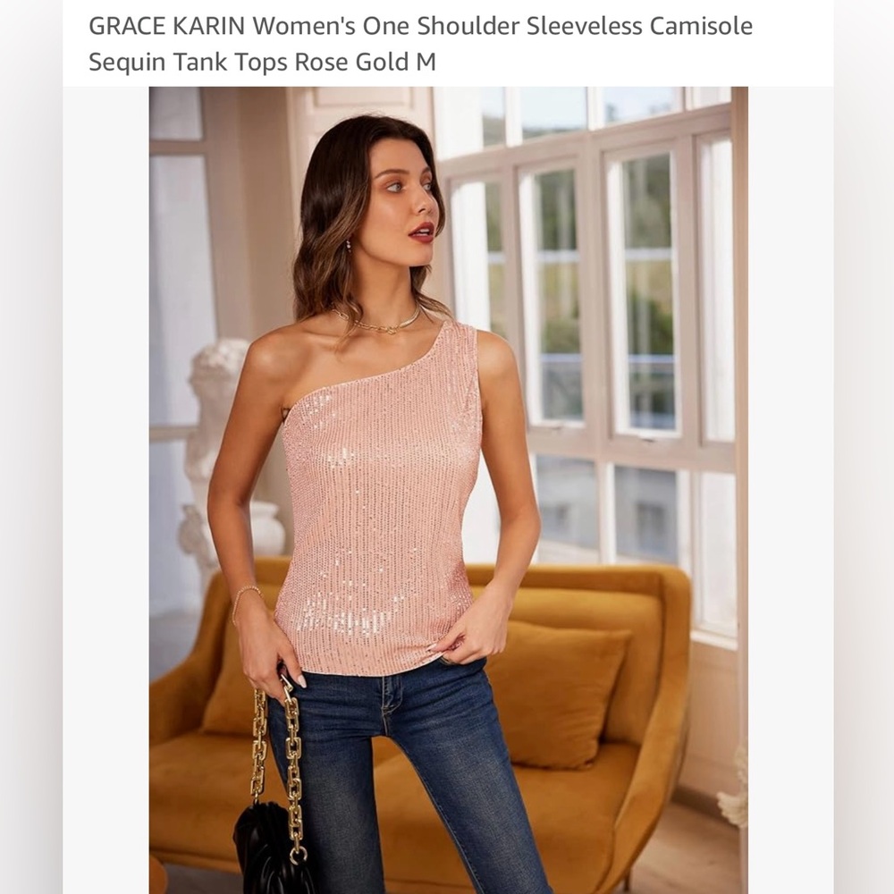 ✨ Grace Karin One-Shoulder Sequin Party Top |Size M – Rose Gold, Chic, Sparkly ✨